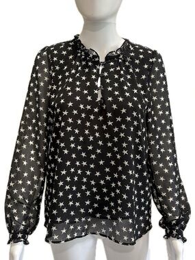 Mango MNG Black Sheer Chiffon Star Print Blouse Size 2 XS Ruffle Long Sleeve
